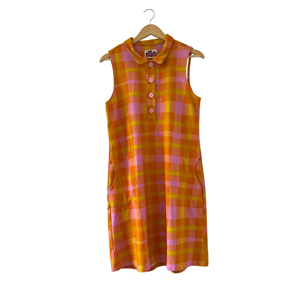 Lesley Evers Large Orange Pink Plaid Sleeveless Shift Dress Collared Retro